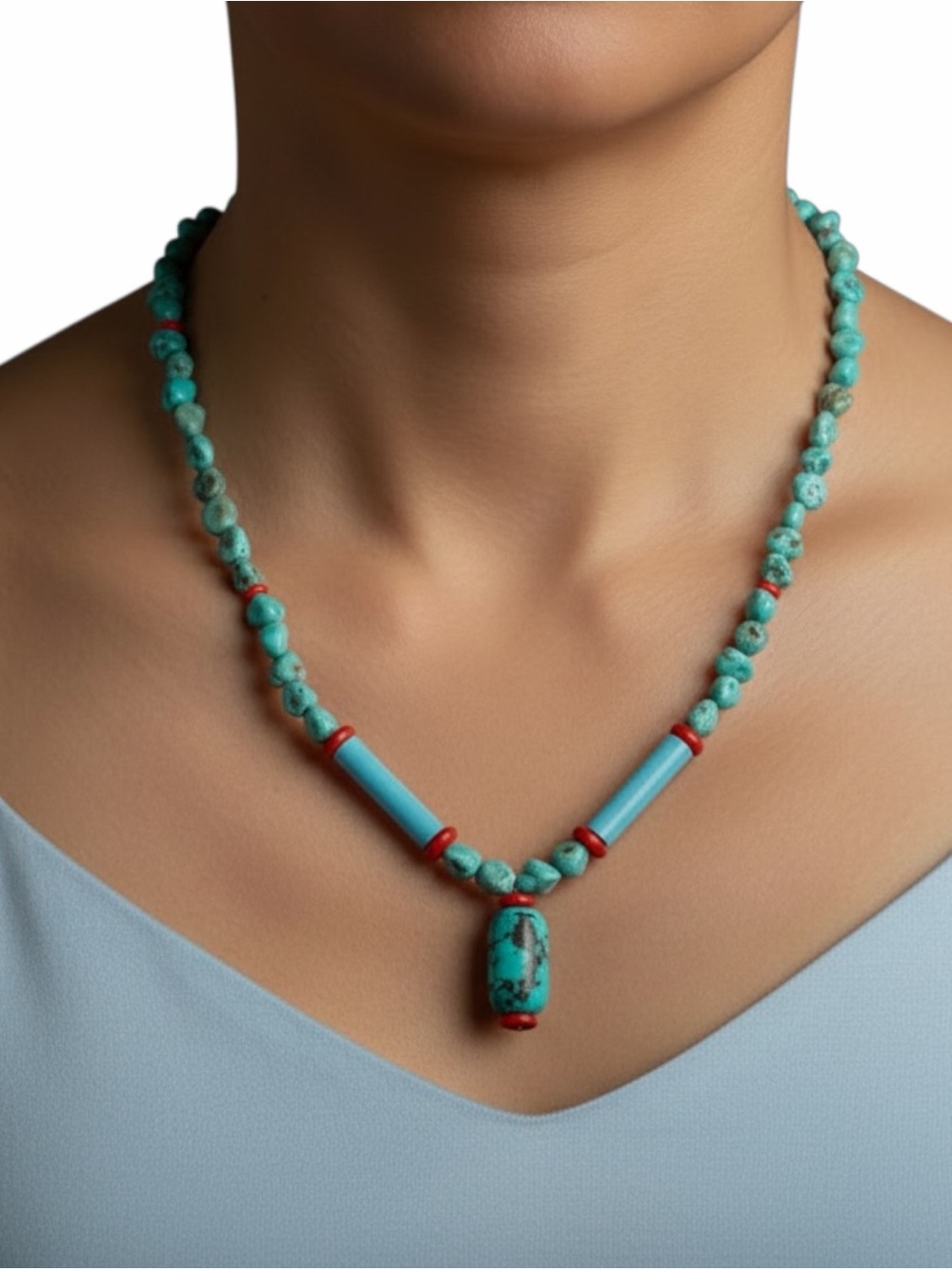 Vintage Native American Turquoise & Coral Beaded Necklace W Center Stone Pendant